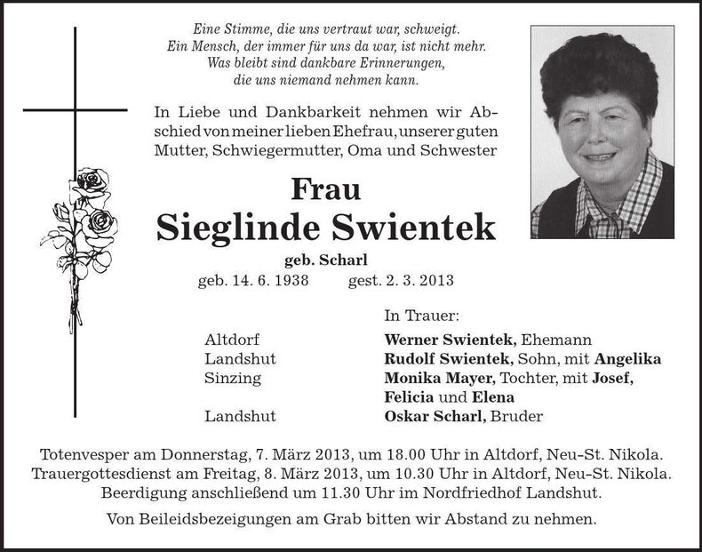 Traueranzeige Sieglinde Swientek