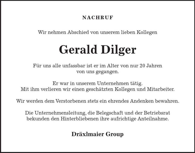 Traueranzeige Gerald Dilger