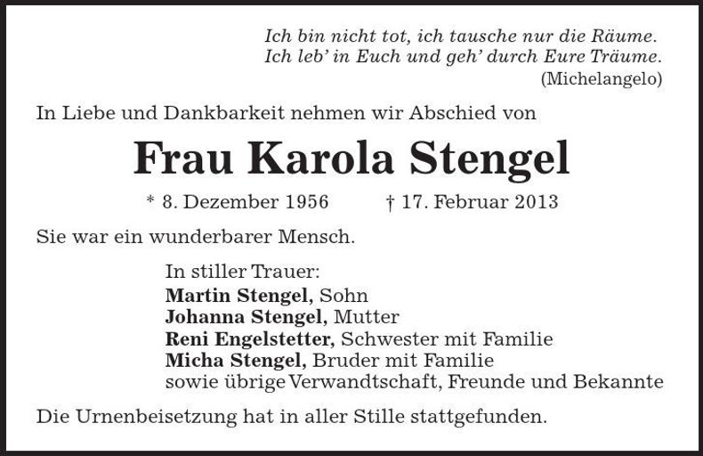 Traueranzeige Karola Stengel