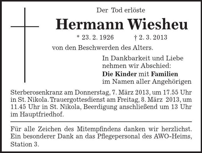 Traueranzeige Hermann Wiesheu