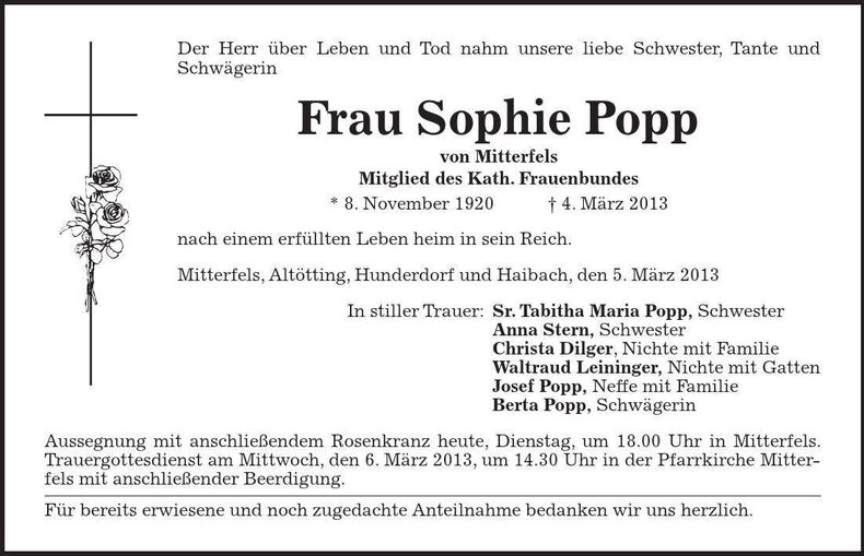 Traueranzeige Sophie Popp