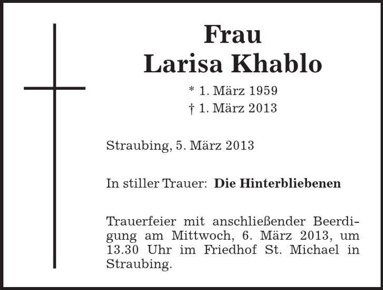 Traueranzeige Larisa Khablo