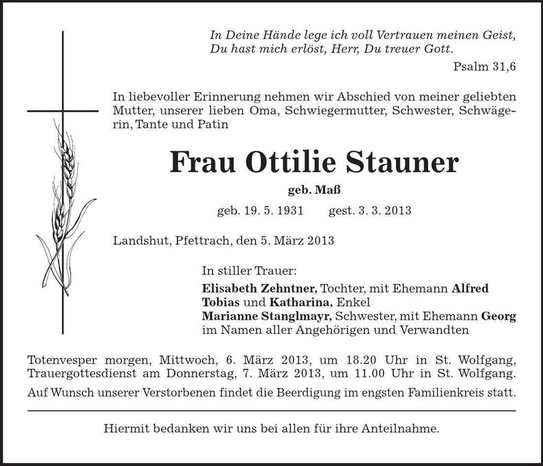 Traueranzeige Ottilie Stauner