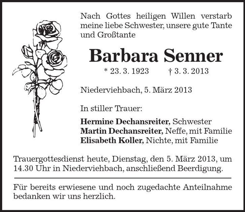 Traueranzeige Barbara Senner