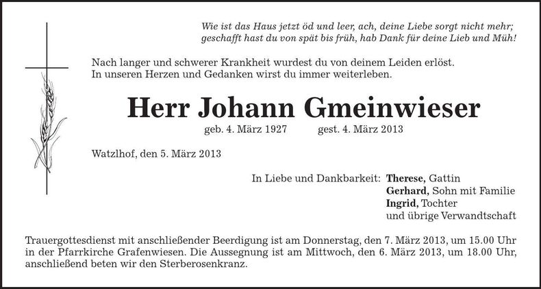 Traueranzeige Johann Gmeinwieser