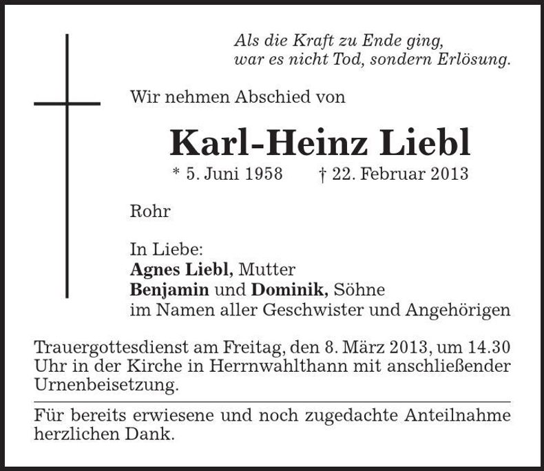 Traueranzeige Karl-Heinz Liebl