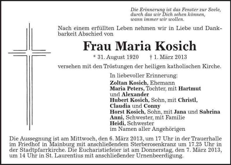 Traueranzeige Maria Kosich