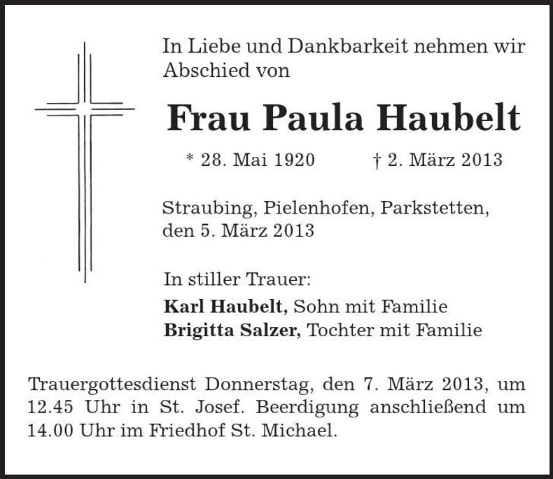 Traueranzeige Paula Haubelt