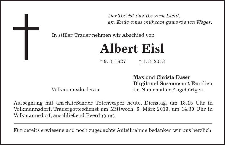 Traueranzeige Albert Eisl