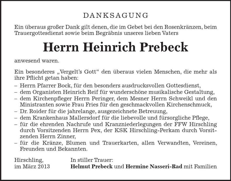 Traueranzeige Heinrich Prebeck