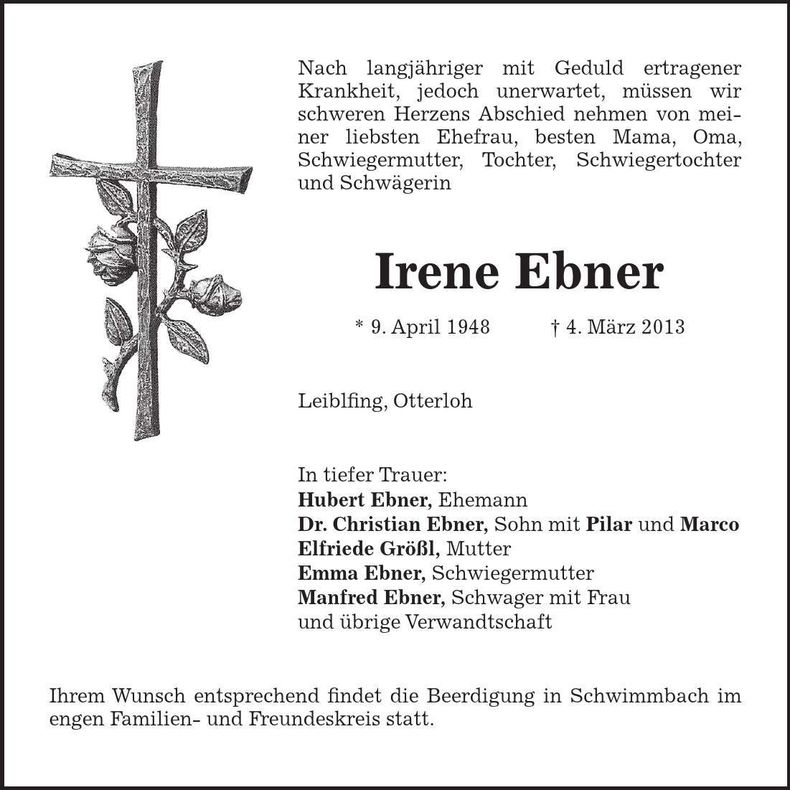 Traueranzeige Irene Ebner