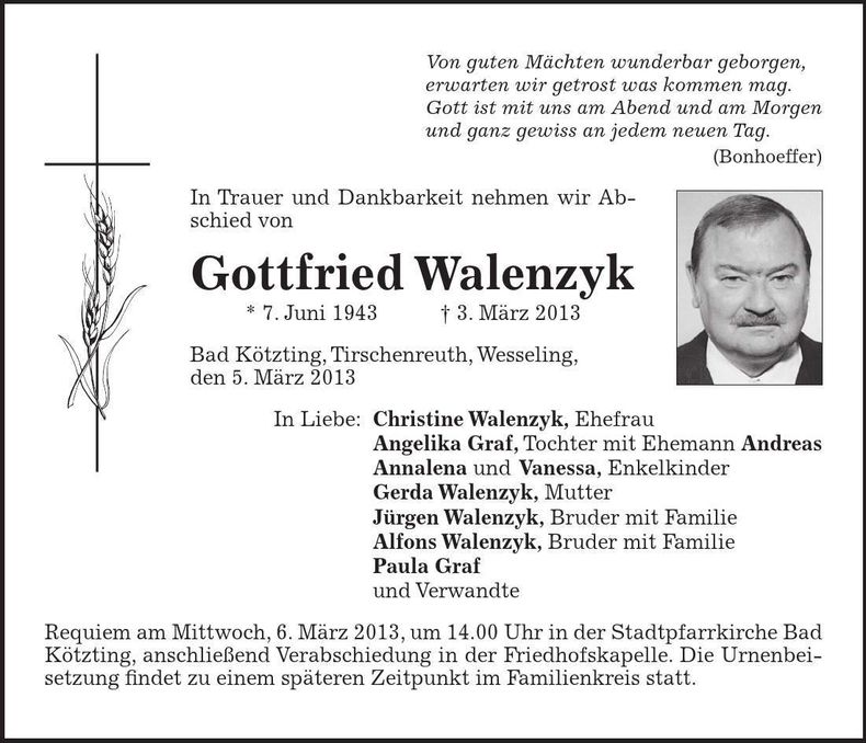 Traueranzeige Gottfried Walenzyk