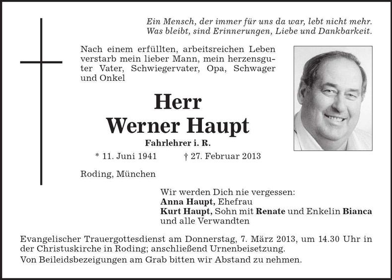 Traueranzeige Werner Haupt