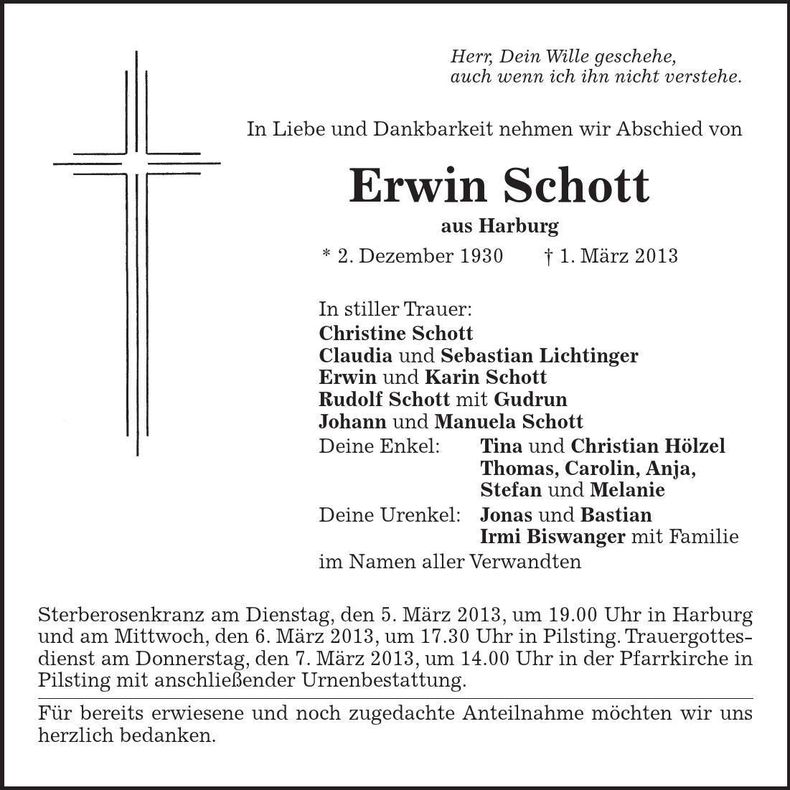 Traueranzeige Erwin Schott