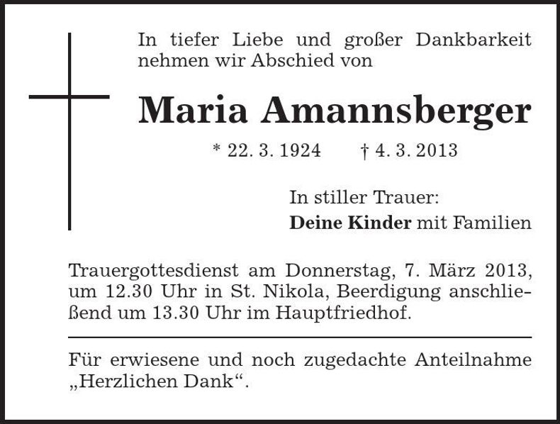 Traueranzeige Maria Amannsberger