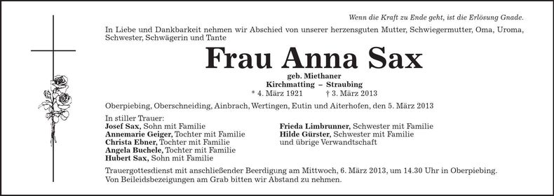 Traueranzeige Anna Sax
