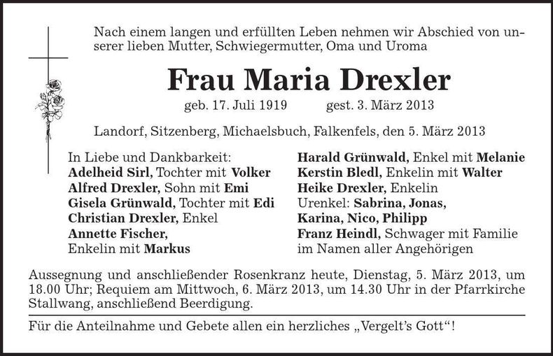 Traueranzeige Maria Drexler
