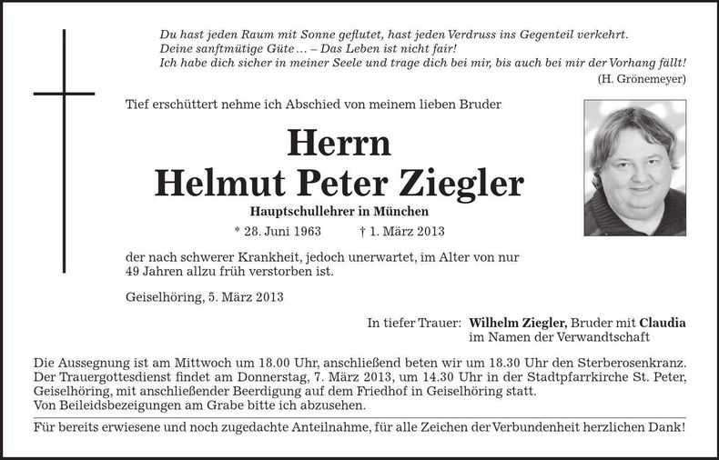 Traueranzeige Helmut Peter Ziegler