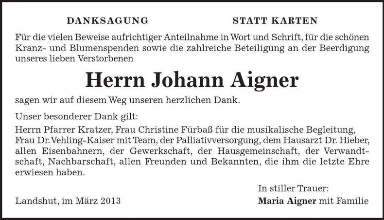 Traueranzeige Johann Aigner
