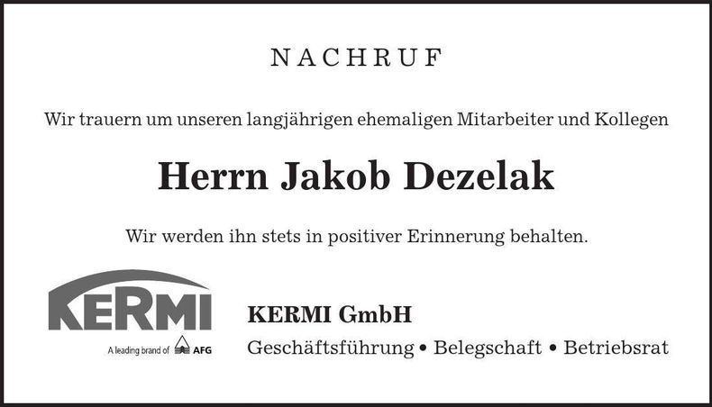 Traueranzeige Jakob Dezelak