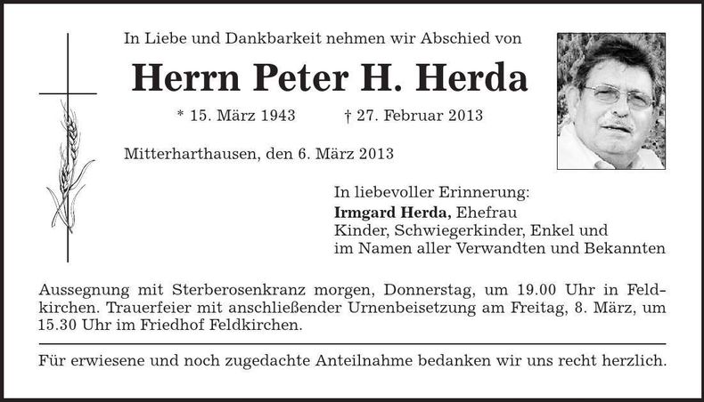 Traueranzeige Peter Herda
