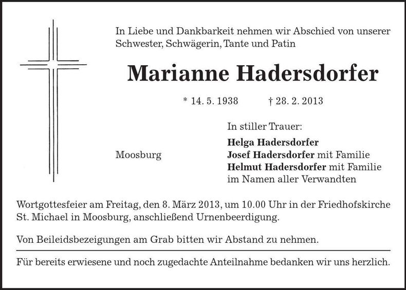 Traueranzeige Marianne Hadersdorfer