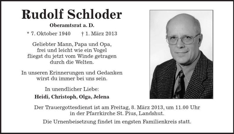 Traueranzeige Rudolf Schloder