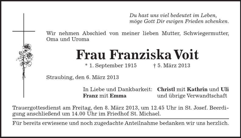 Traueranzeige Franziska Voit