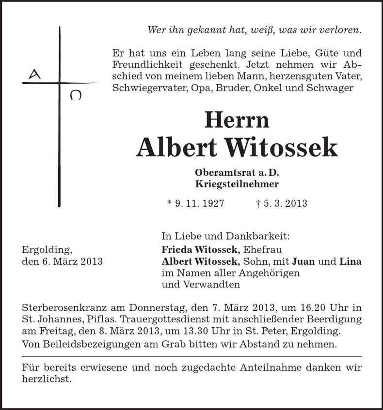 Traueranzeige Albert Witossek