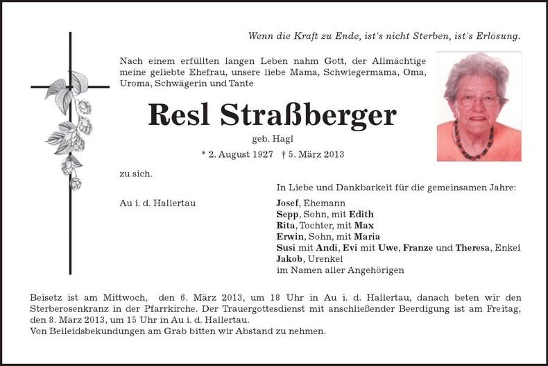 Traueranzeige Resl Straßberger