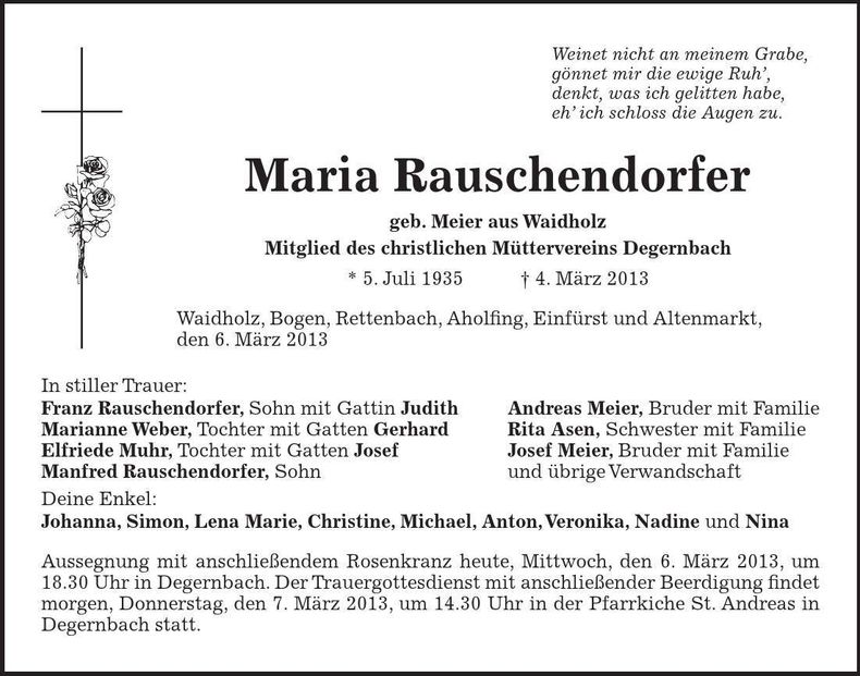 Traueranzeige Maria Rauschendorfer