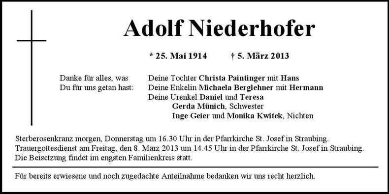 Traueranzeige Adolf Niederhofer
