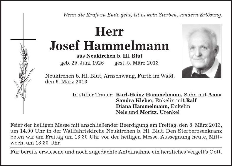 Traueranzeige Josef Hammelmann