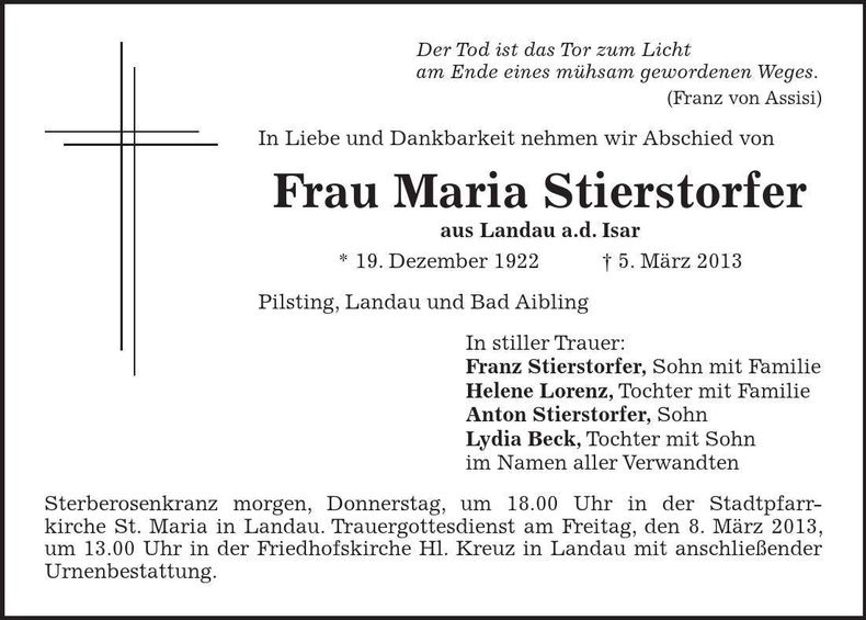 Traueranzeige Maria Stierstorfer