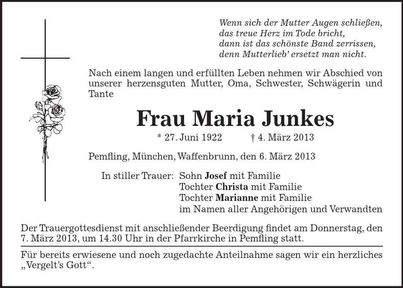 Traueranzeige Maria Junkes