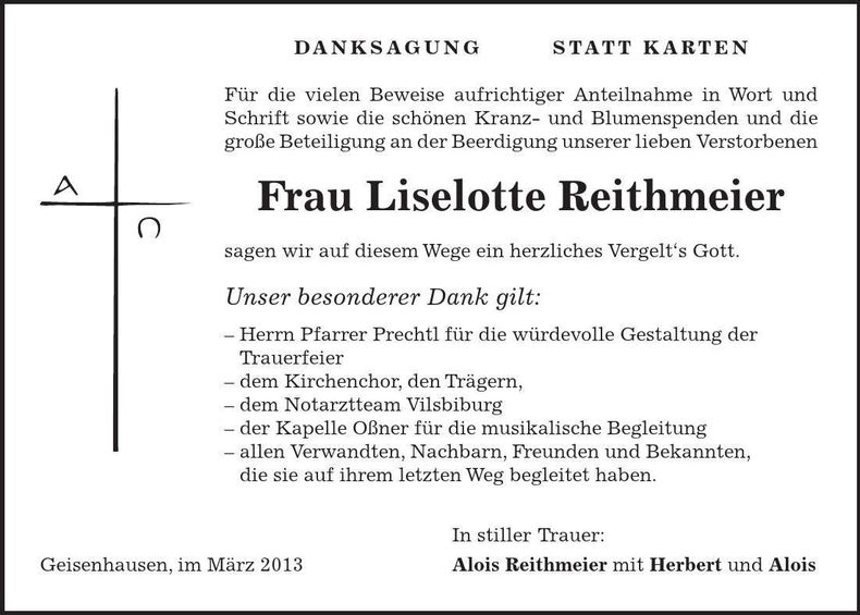 Traueranzeige Liselotte Reithmeier