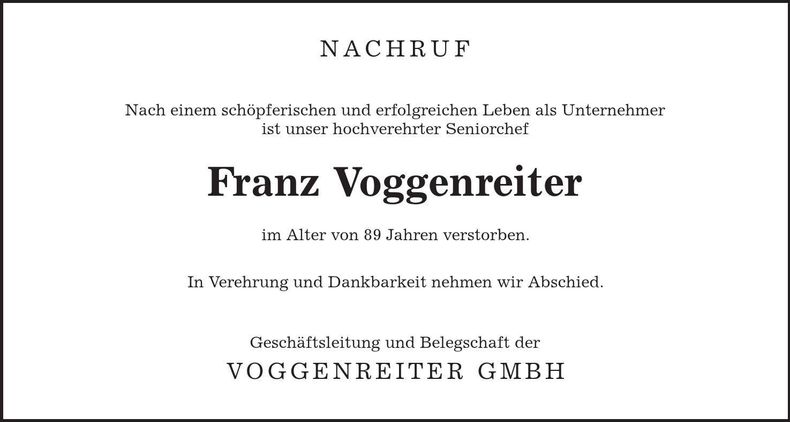 Traueranzeige Franz Voggenreiter