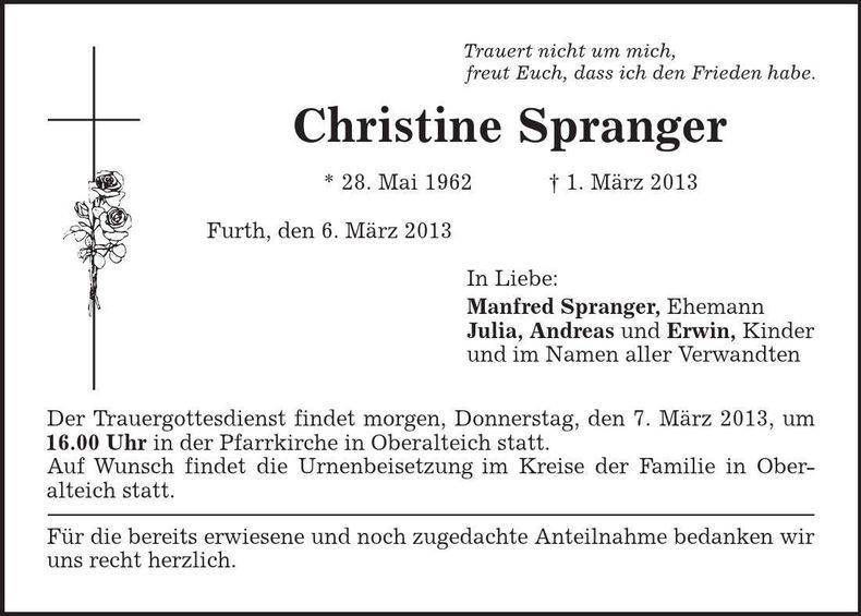 Traueranzeige Christine Spranger