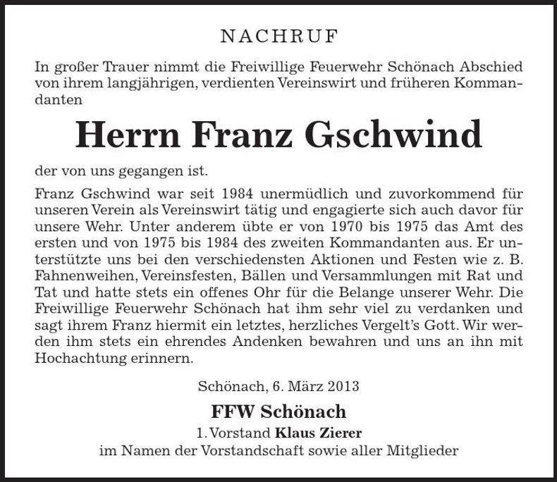 Traueranzeige Franz Gschwind