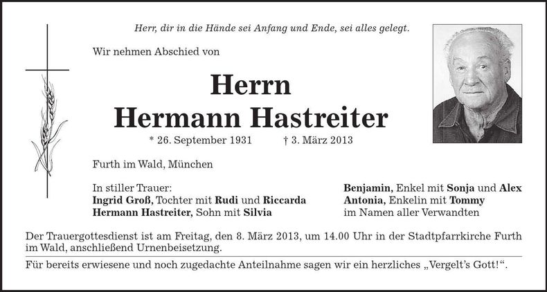Traueranzeige Hermann Hastreiter