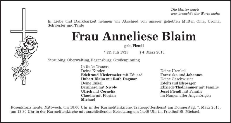 Traueranzeige Anneliese Blaim