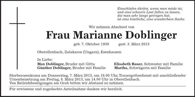 Traueranzeige Marianne Doblinger