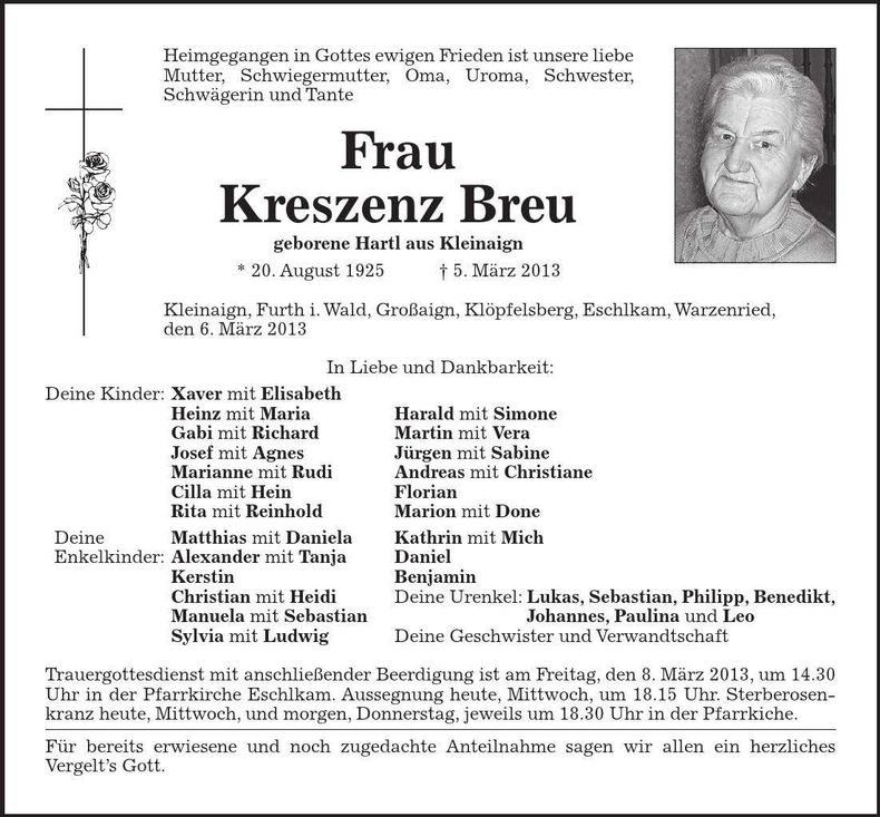 Traueranzeige Kreszenz Breu