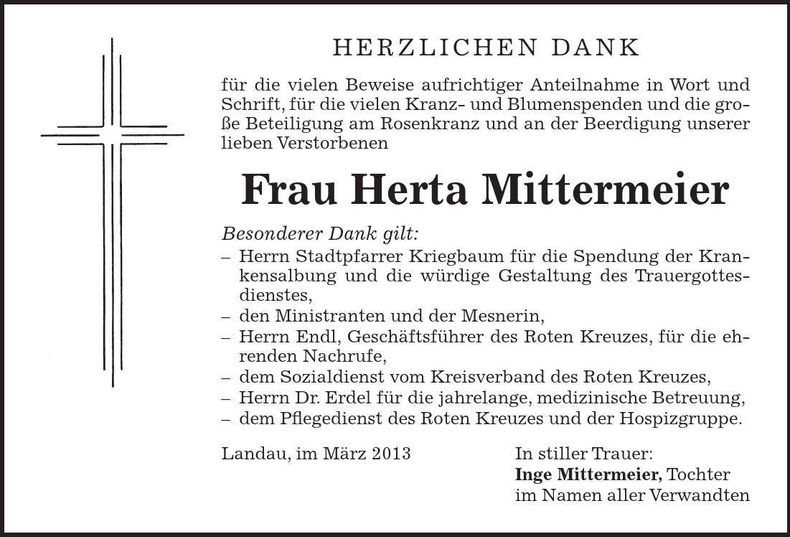 Traueranzeige Herta Mittermeier