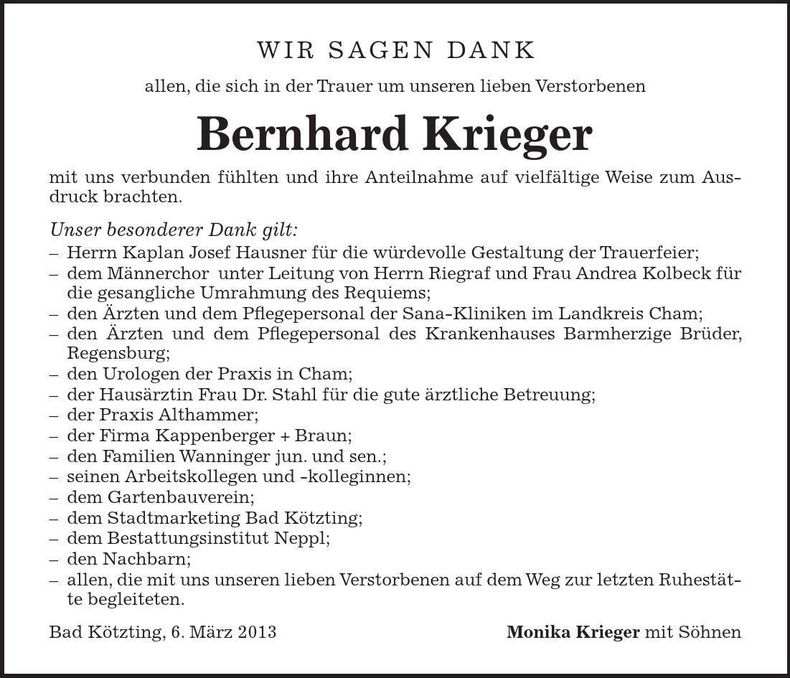 Traueranzeige Bernhard Krieger