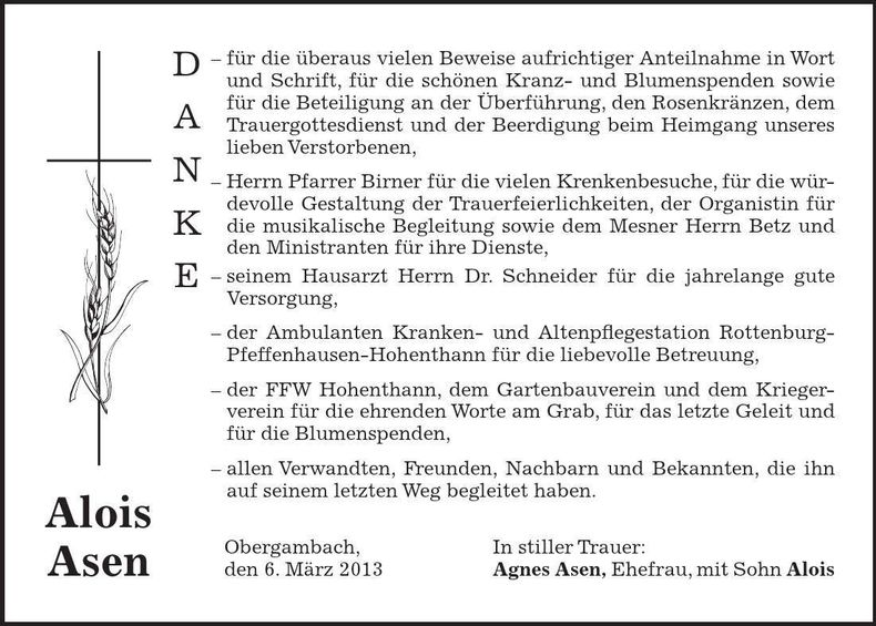 Traueranzeige Alois Asen