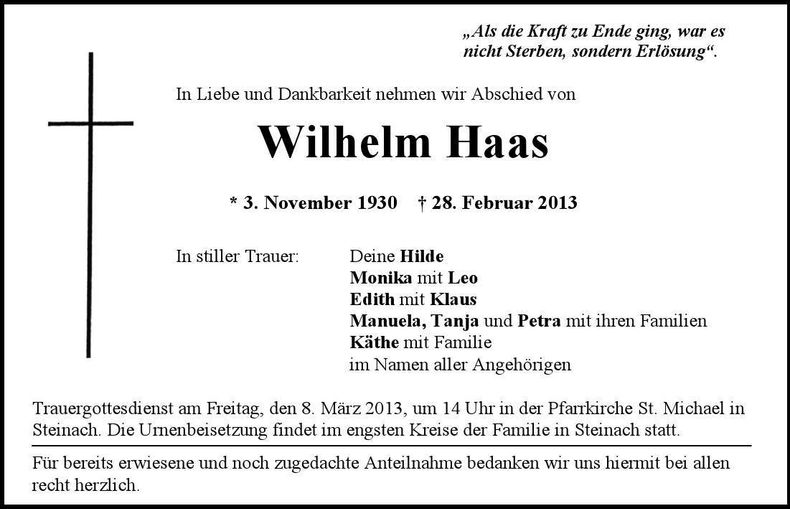 Traueranzeige Wilhelm Haas