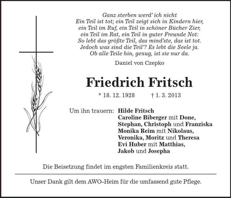 Traueranzeige Friedrich Fritsch
