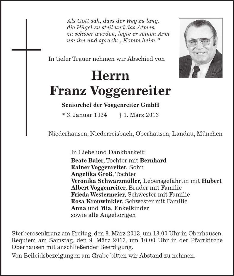 Traueranzeige Franz Voggenreiter