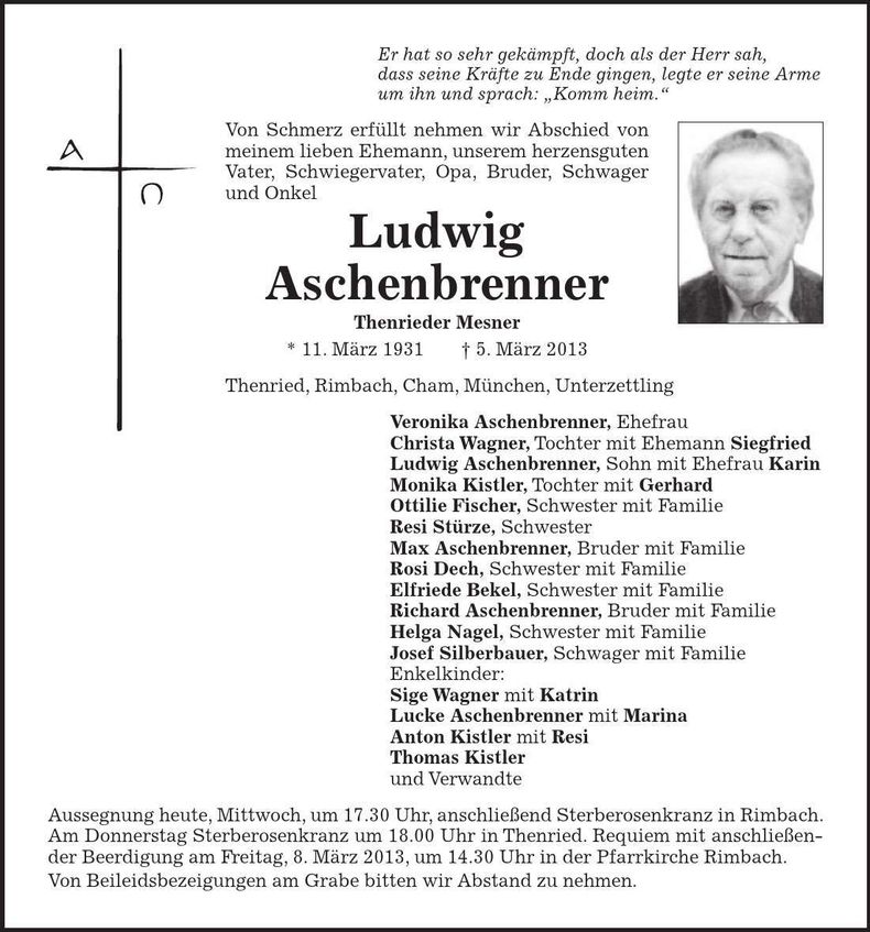 Traueranzeige Ludwig Aschenbrenner
